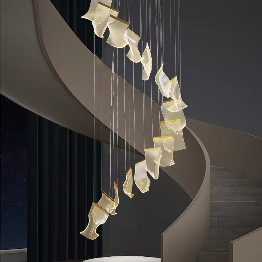 Modern artistic spiral-hung leaf-shaped chandelier, translucent lampshades + golden decorations, soft lighting, creating a high-end artistic atmosphere.