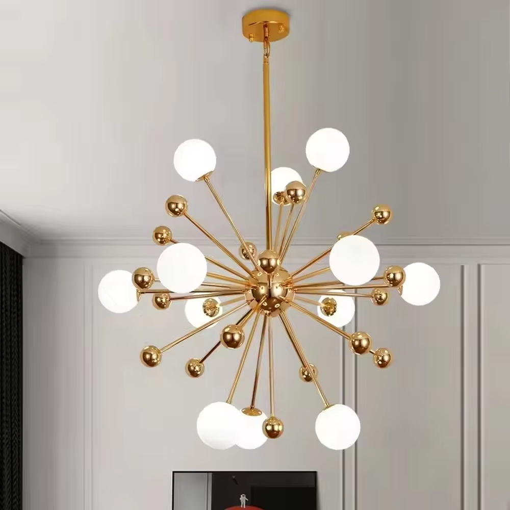 This is a modern molecular-style chandelier with a golden metal frame in a radial design, paired with multiple white spherical lampshades. It features a simple and stylish design with artistic sense. It is used for space lighting and decoration, creating a modern luxury ambiance. It is suitable for modern home living rooms, luxury apartment living areas, creative studios and other places.