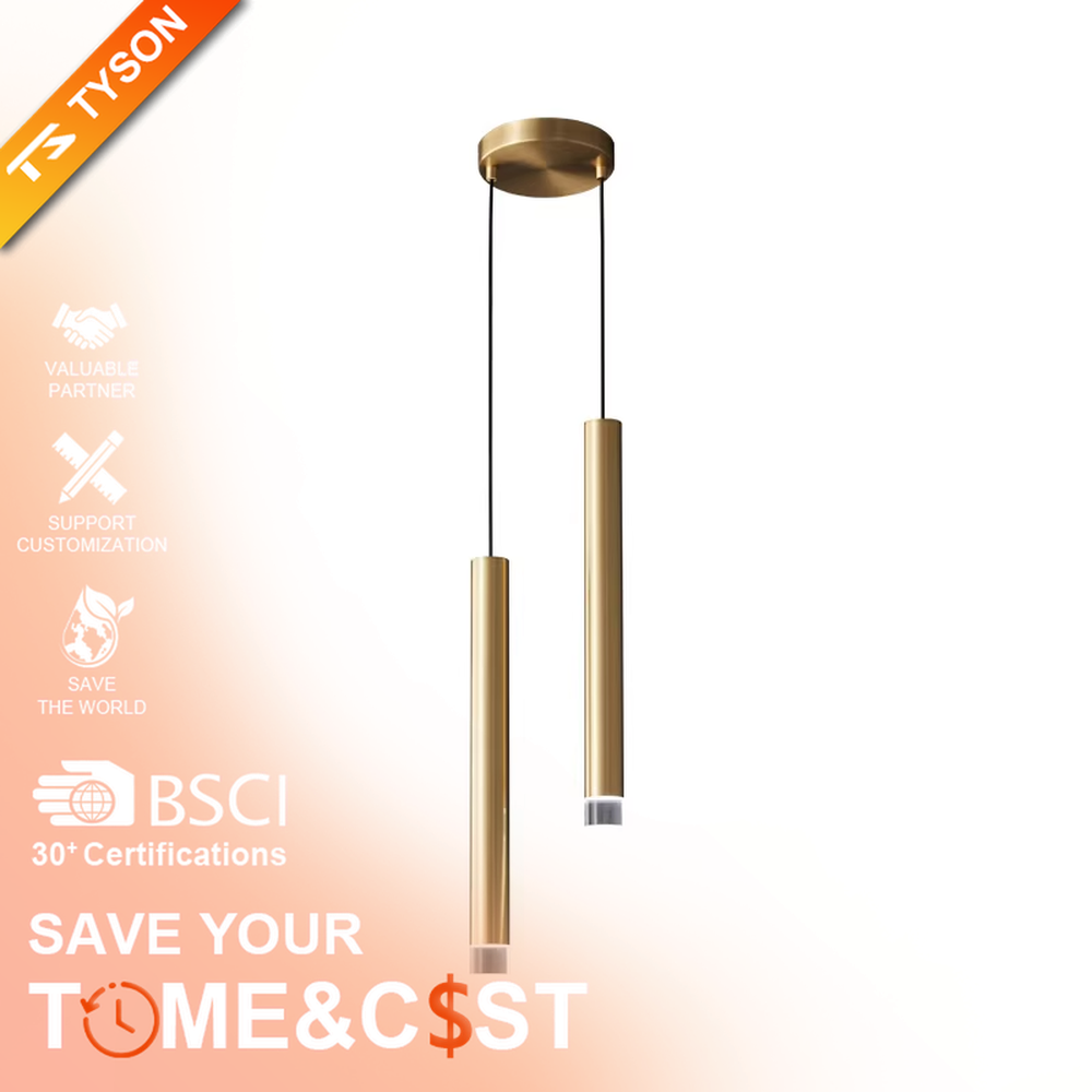 Light luxury golden cylindrical LED chandelier, minimalist cylindrical shape made of brass metal lamp body, pendant single-head/three-head layout, soft and atmospheric light, designed to enhance the light luxury and high-end atmosphere of spaces, suitable for restaurant bars, kitchen islands, light luxury homes and commercial spaces