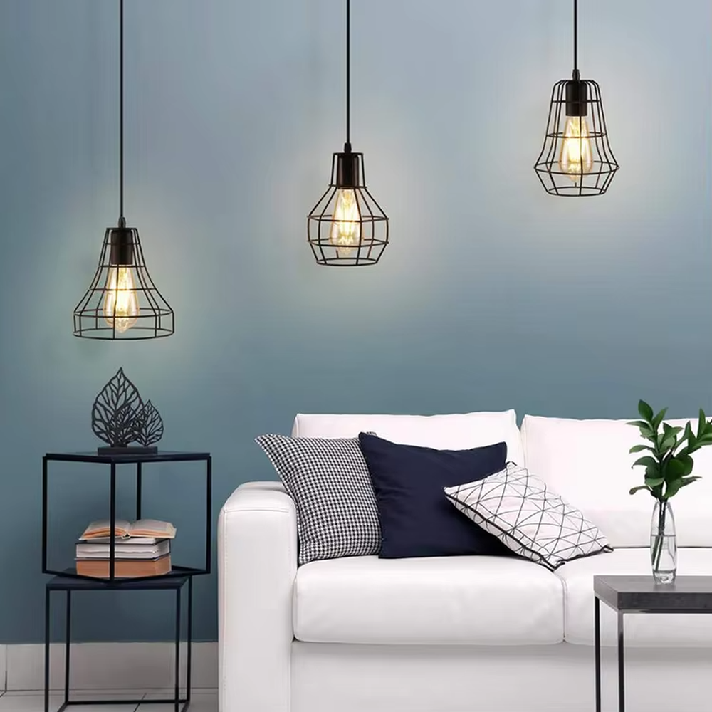 Industrial style iron mesh chandelier set, with black metal frames and pink/white cement texture tops, embedded with retro Edison bulbs, available in multiple shapes, designed to enhance the personalized atmosphere of spaces, suitable for restaurant bars, coffee shops, industrial style home and commercial spaces