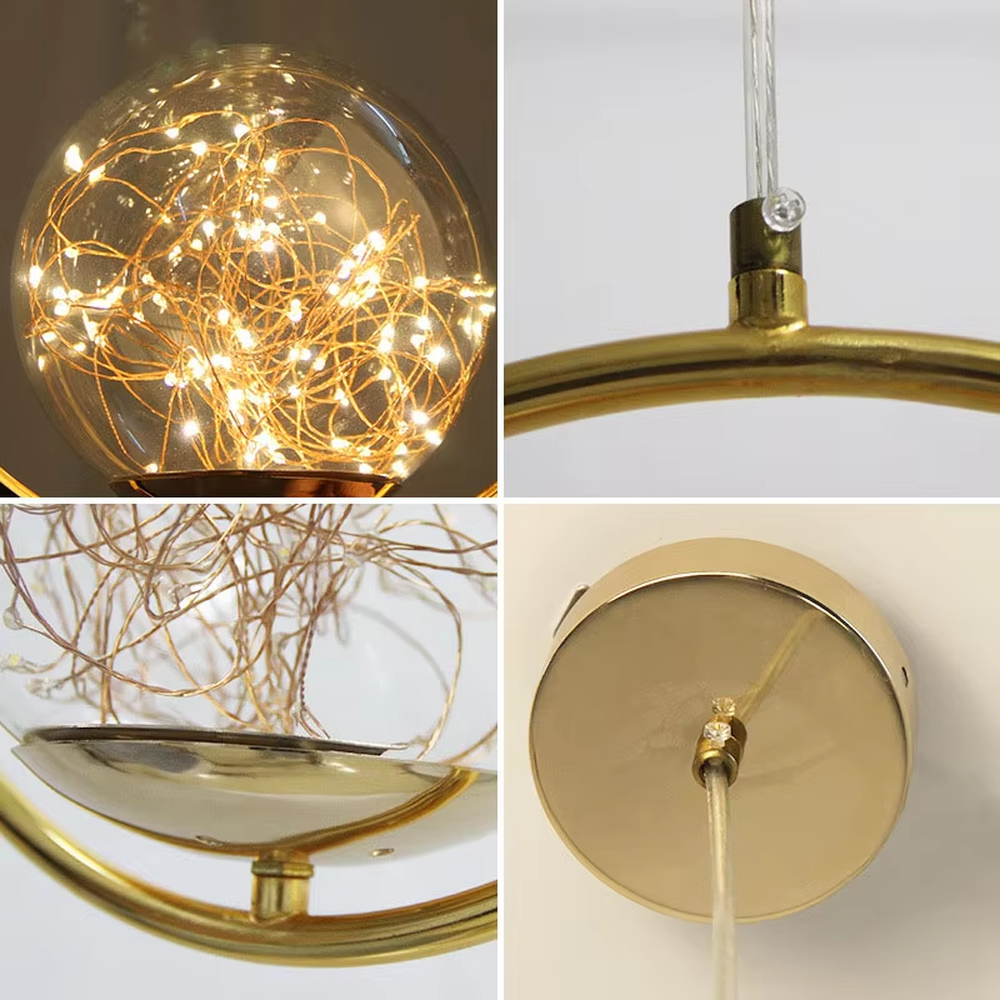 Light luxury gold ring firework glass ball chandelier (three-set model + warm light), warm light effect, creating a brilliant and high-end home atmosphere.