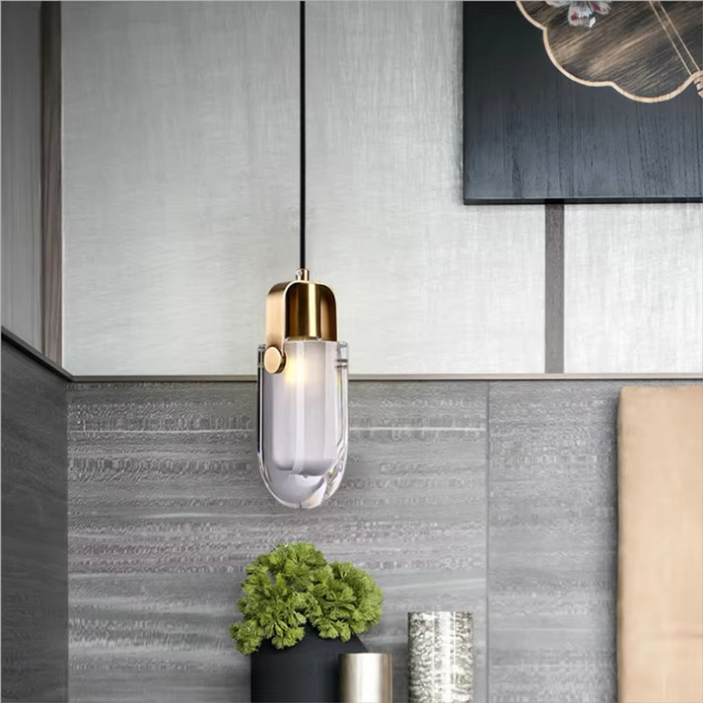 Light luxury gold-decor water-drop glass hanging lamp, golden metal trim + transparent water-drop glass main body, warm light with soft halo, creating a high-end artistic light luxury atmosphere.