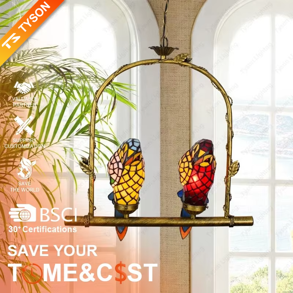 This is an artistic chandelier with a golden metal frame and two parrot - shaped colored glass lamp bodies, which are vivid and unique, full of childlike fun and artistic sense. It is used for both lighting and decoration, adding personality and vitality to the space through the unique parrot shape. It is suitable for themed restaurants, characteristic homestays, art cafes, children's rooms and other places.