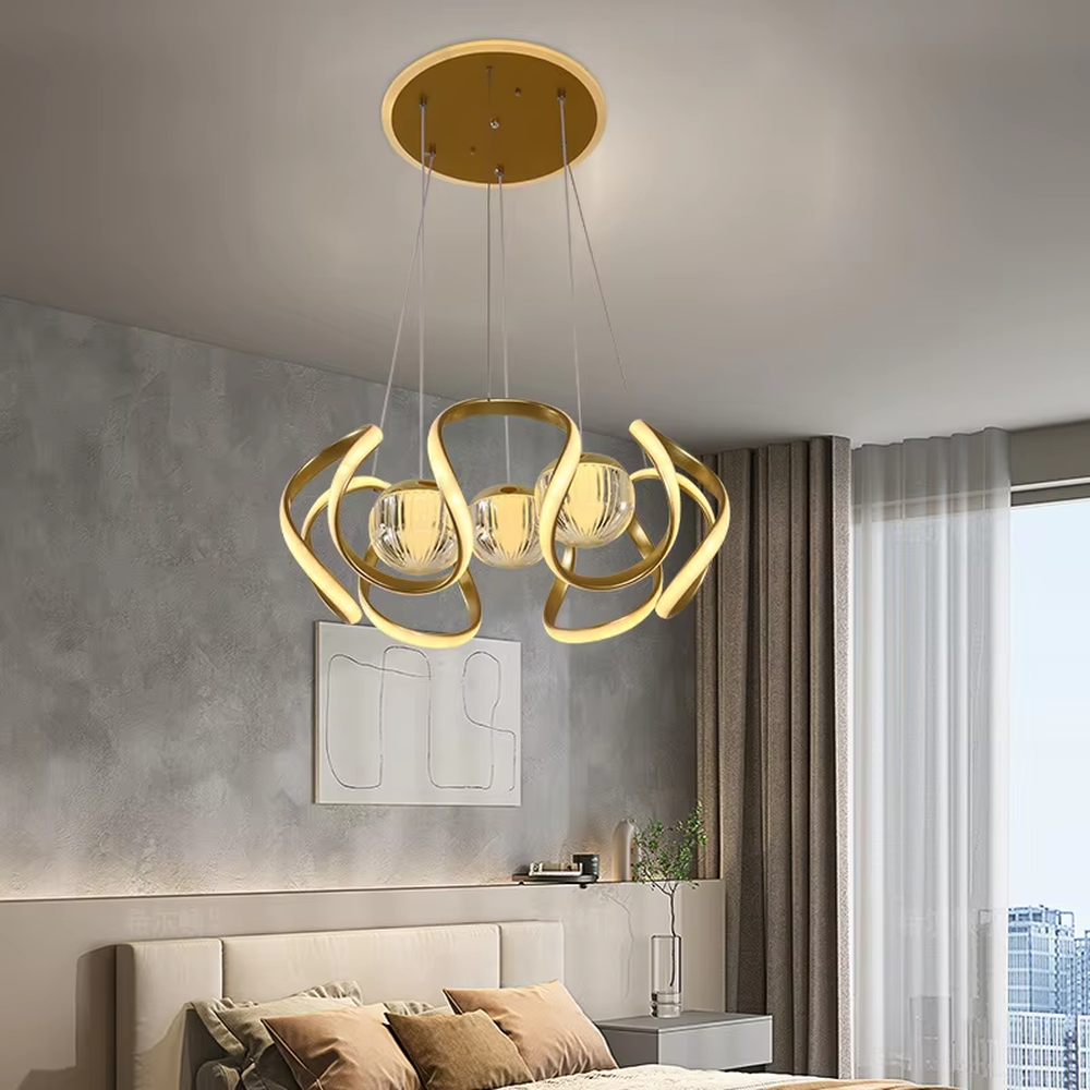 This light luxury gold ring chandelier consists of interlaced metal light strips and textured crystal lamp shades, shaped like blooming flowers with soft, artistic lines. It serves both lighting and decorative purposes, ideal for modern light luxury home and commercial spaces such as dining rooms and living rooms.
