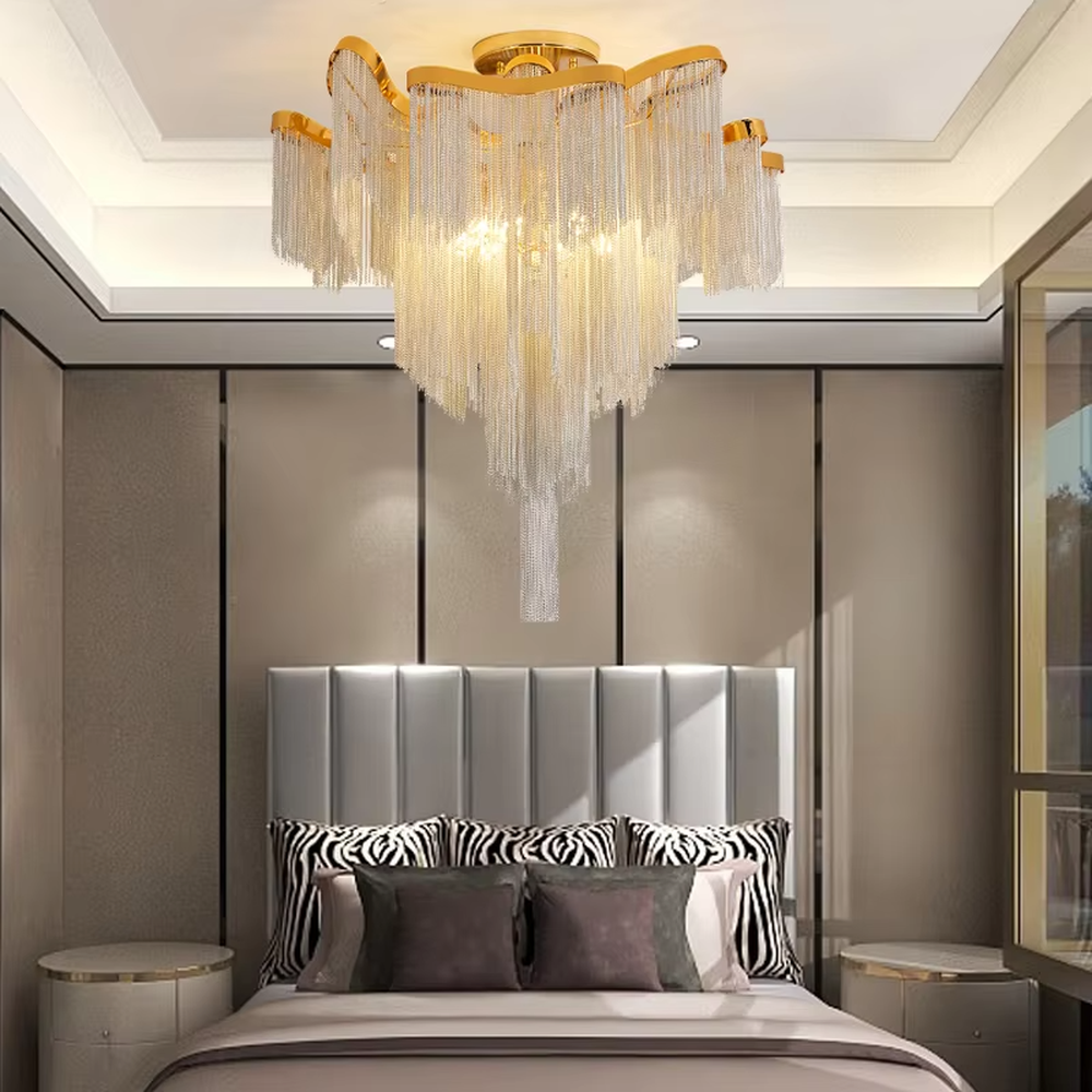Modern light luxury golden frame light blue crystal tassel layered ceiling chandelier, warm light effect, creating an elegant and exquisite space atmosphere.