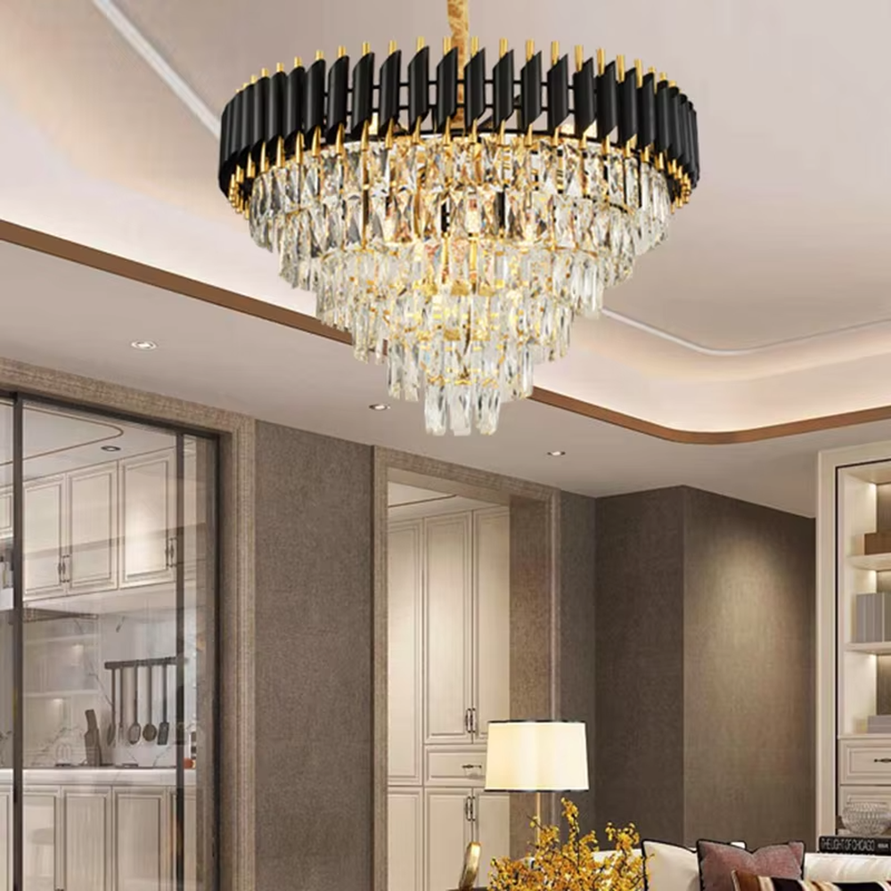 This is a modern luxurious white and gold multi-layer crystal chandelier, with white and gold top decorations paired with numerous transparent crystal pendants. It features a grand and luxurious design with brilliant lighting. It is used for space lighting and decoration, creating a luxurious high-end atmosphere. Suitable for light luxury-style living rooms, high-ceiling spaces in luxury villas, high-end hotel lobbies and other places.