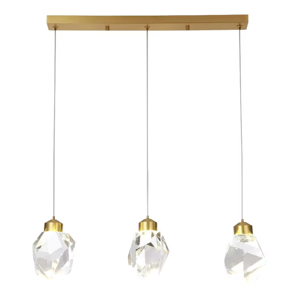 Light luxury modern 3-head cut crystal long-rod chandelier, golden long-rod ceiling mount + cut crystal balls (golden top) + warm light effect, creating an exquisite luxurious atmosphere in small spaces.