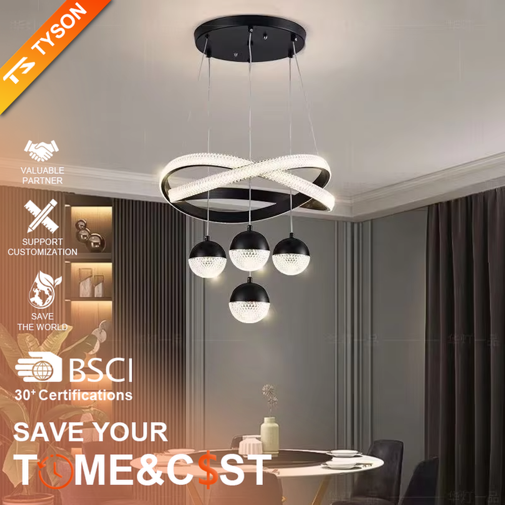 Light luxury double-ring crystal chandelier (black ring + crystal light strip + diamond-pattern glass balls), warm light effect, creating a stylish and luxurious home atmosphere.
