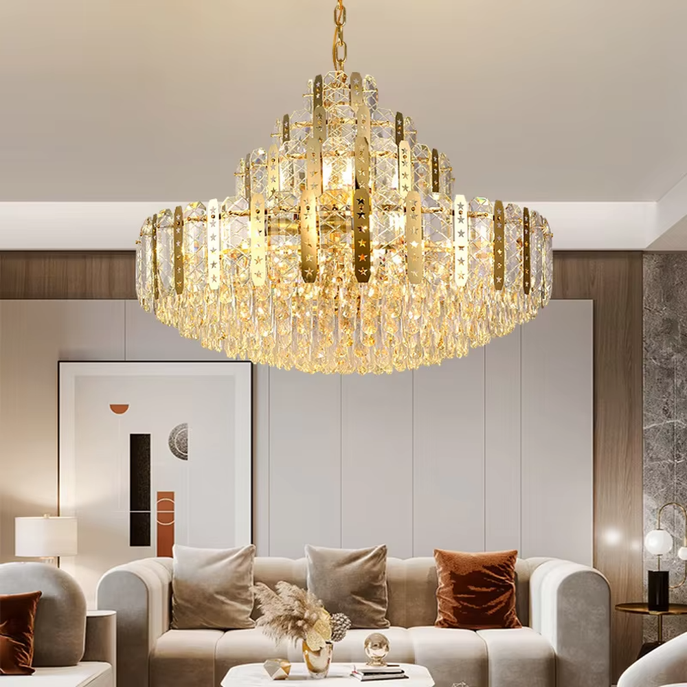 This is a luxurious modern-style golden multi-layer crystal chandelier, with a golden metal frame paired with numerous crystals (with star-shaped and other decorative details). It features a grand and luxurious design, with brilliant lighting. It is used for space lighting and decoration, creating a high-end luxurious atmosphere. Suitable for luxury villa living rooms, high-end hotel lobbies, light luxury-style banquet halls and other places.