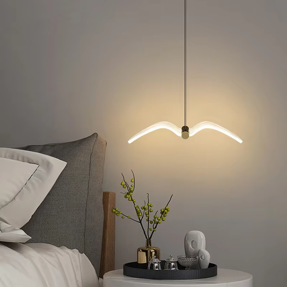 Modern artistic wave-shaped multi-line hanging chandelier, white light strip + black-silver connector, soft and warm lighting, creating a minimalist artistic atmosphere.