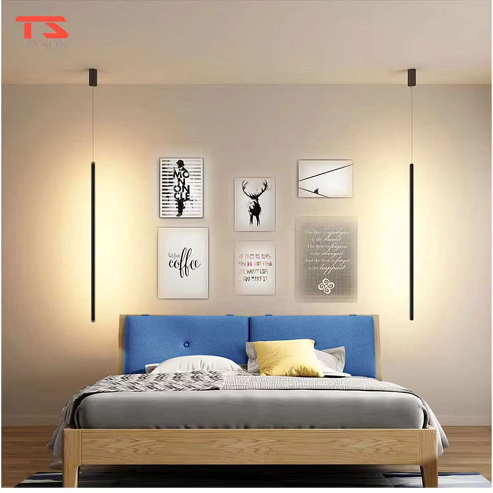 Minimalist black linear LED chandelier, with a long strip suspended design, soft and even light, used for lighting and decoration in dining tables, bars and other areas, suitable for modern minimalist, minimalist style home and commercial spaces
