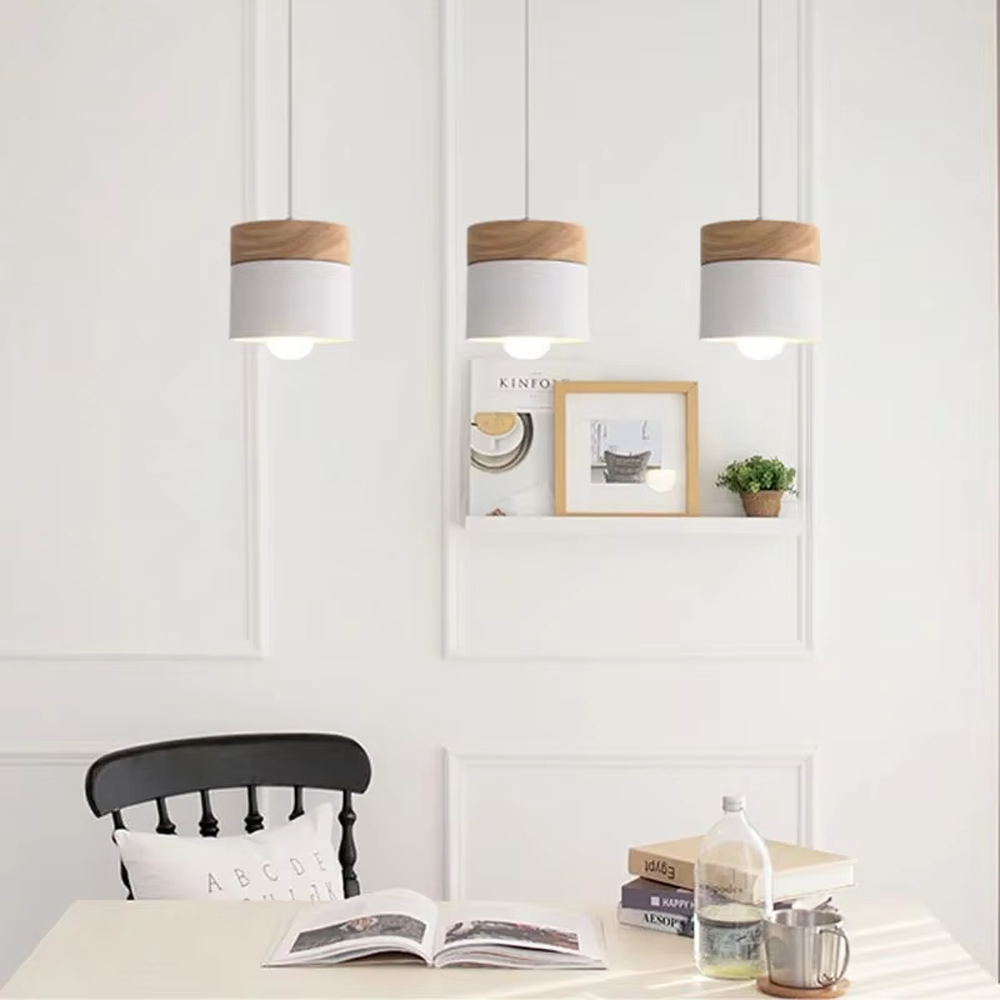 Nordic minimalist wood chandelier, with wooden tops and multi-color metal lampshades (grey/white/yellow optional), single/multi-head combination design, soft and even light, designed to enhance the fresh atmosphere of spaces, suitable for dining tables, home bars, coffee shops, etc.