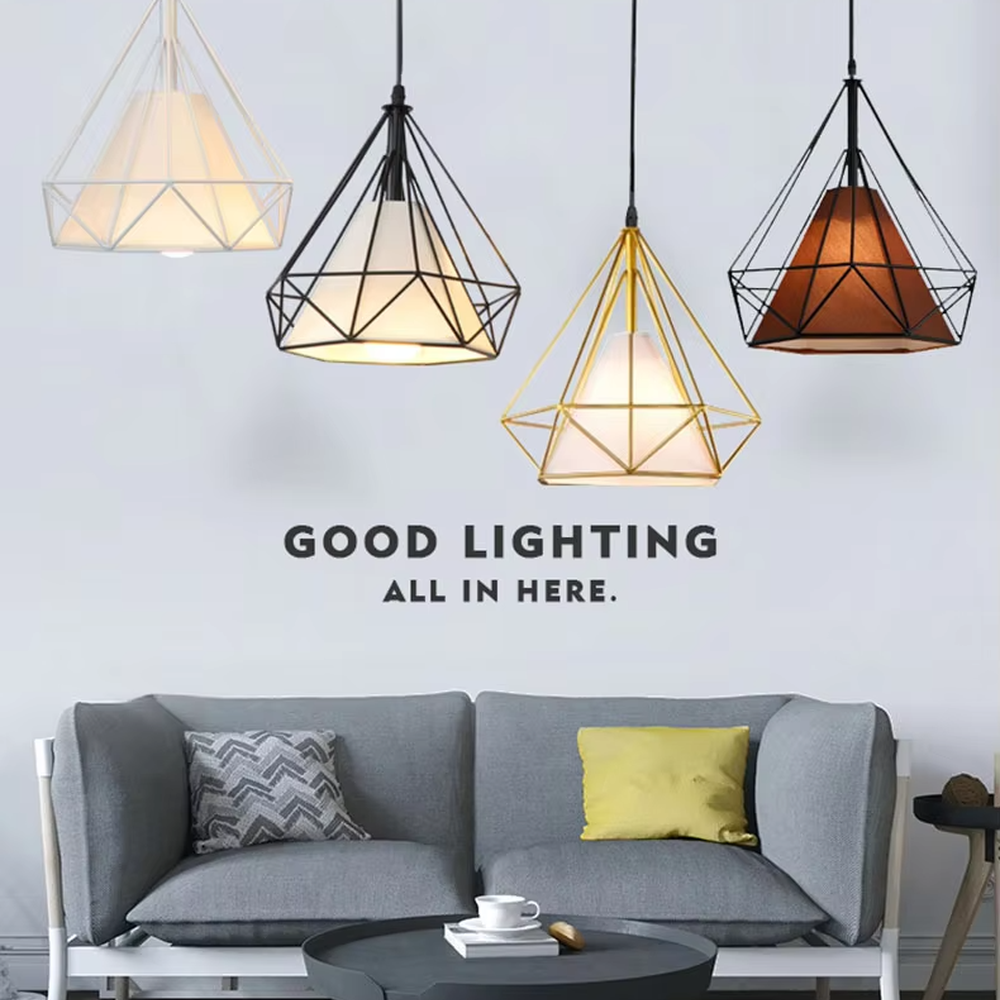 Nordic industrial style three-head iron chandelier, with black geometric rhombus metal frames and semi-transparent lampshades, three-head side-by-side design, soft and even light, used for lighting and decoration in dining tables, bars and other areas, suitable for modern minimalist, industrial style home and commercial spaces