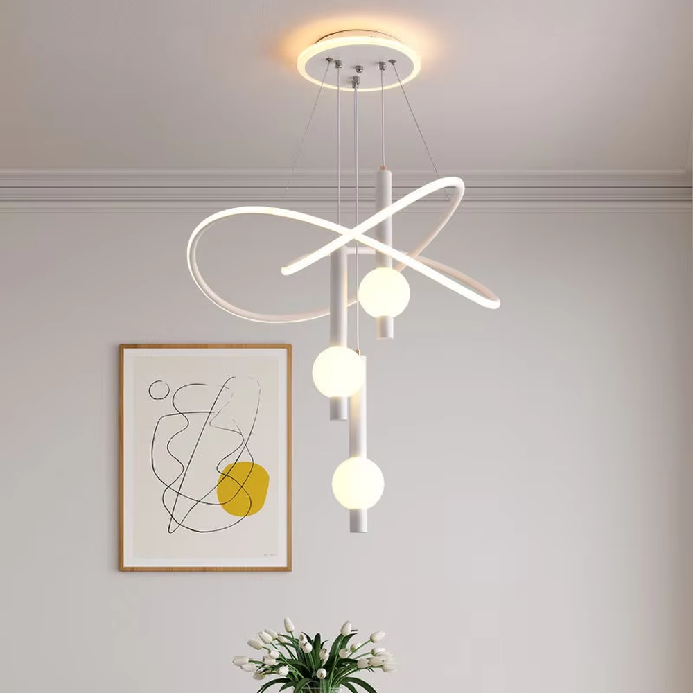 This is a modern creative cross-ring spherical chandelier, featuring white cross-ring light strips paired with spherical lamp bodies. The design is simple and artistic, with soft and uniform lighting. It is used for space lighting and decoration to create a modern artistic atmosphere. Suitable for modern-style living rooms, minimalist dining areas, modern apartments and other places.