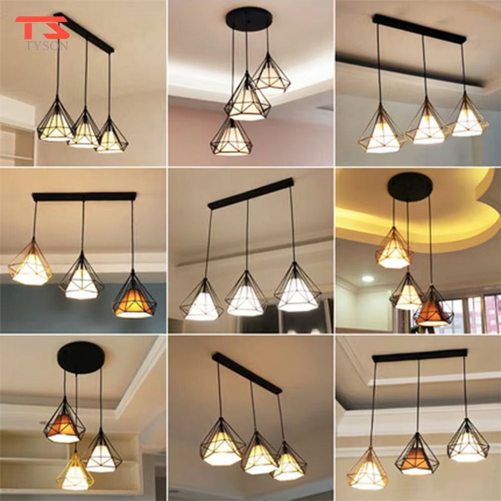 Nordic style three-head geometric iron chandelier, featuring a black rhombus metal frame design with soft and even light, used for lighting and decoration in dining tables, bars and other areas, suitable for modern minimalist, industrial style home and commercial spaces