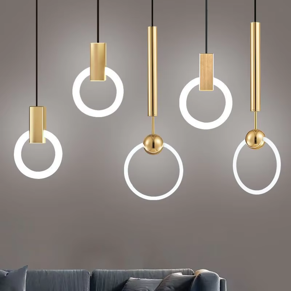 This light luxury small ring chandelier features a gold metal suspension rod, paired with a luminous LED ring and a gold spherical decoration on top, with a simple and elegant shape, serving both lighting and decorative purposes, ideal for dining rooms, bedrooms, light luxury commercial spaces and other scenarios.