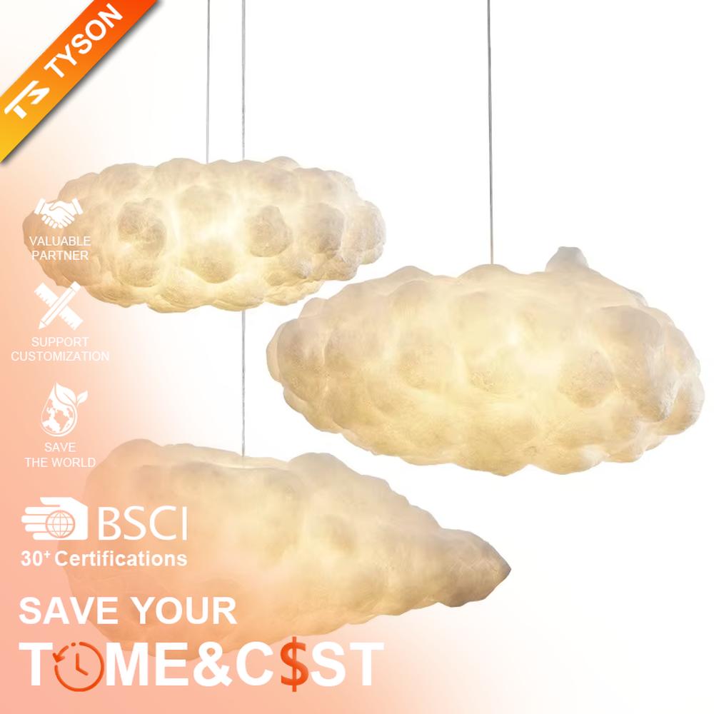 This dreamy cloud-shaped chandelier is made of fluffy fiber/fabric material, simulating the shape of real clouds, transmitting light softly and hung in varying sizes. It serves both lighting and decorative purposes, ideal for Internet celebrity restaurants, cafes, children's rooms, cultural and creative spaces and other scenarios.
