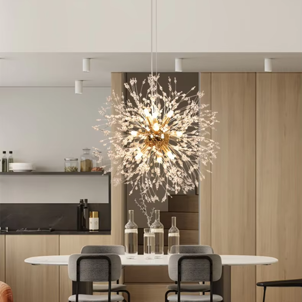 Art firework ball chandelier (gold-white starburst shape + warm light), warm light effect, creating a brilliant and romantic light luxury home atmosphere.