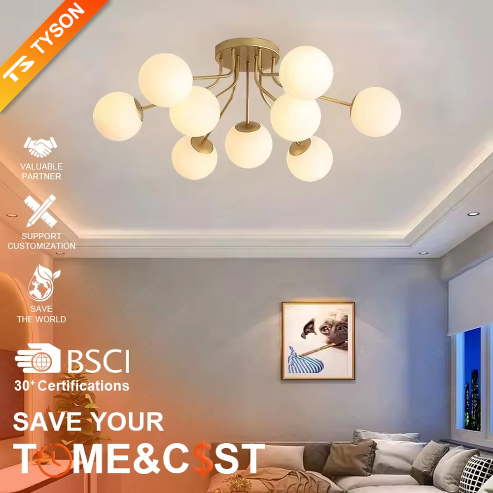 This is a Nordic modern luxury spherical ceiling light, with a golden metal branched stand and multiple white spherical frosted lampshades, featuring a minimalist modern design and strong luxury sense. It is used for space lighting and decoration, creating a warm modern luxury atmosphere. It is suitable for modern luxury home living rooms, Nordic-style bedrooms, designer studios and other places.