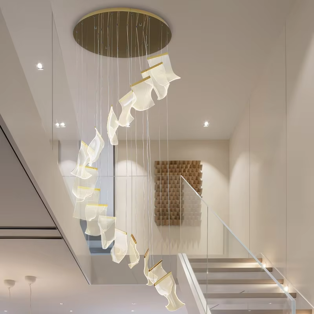 Modern artistic spiral-hung leaf-shaped chandelier, translucent lampshades + golden decorations, soft lighting, creating a high-end artistic atmosphere.