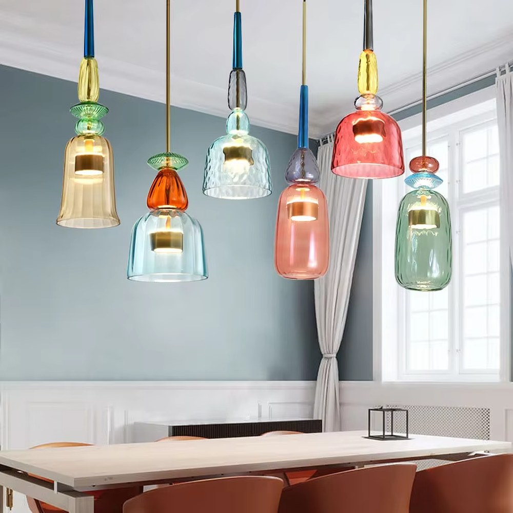Retro colorful glass bell chandelier (multi-color combination), warm light effect, creating a lively and fresh artistic space atmosphere.