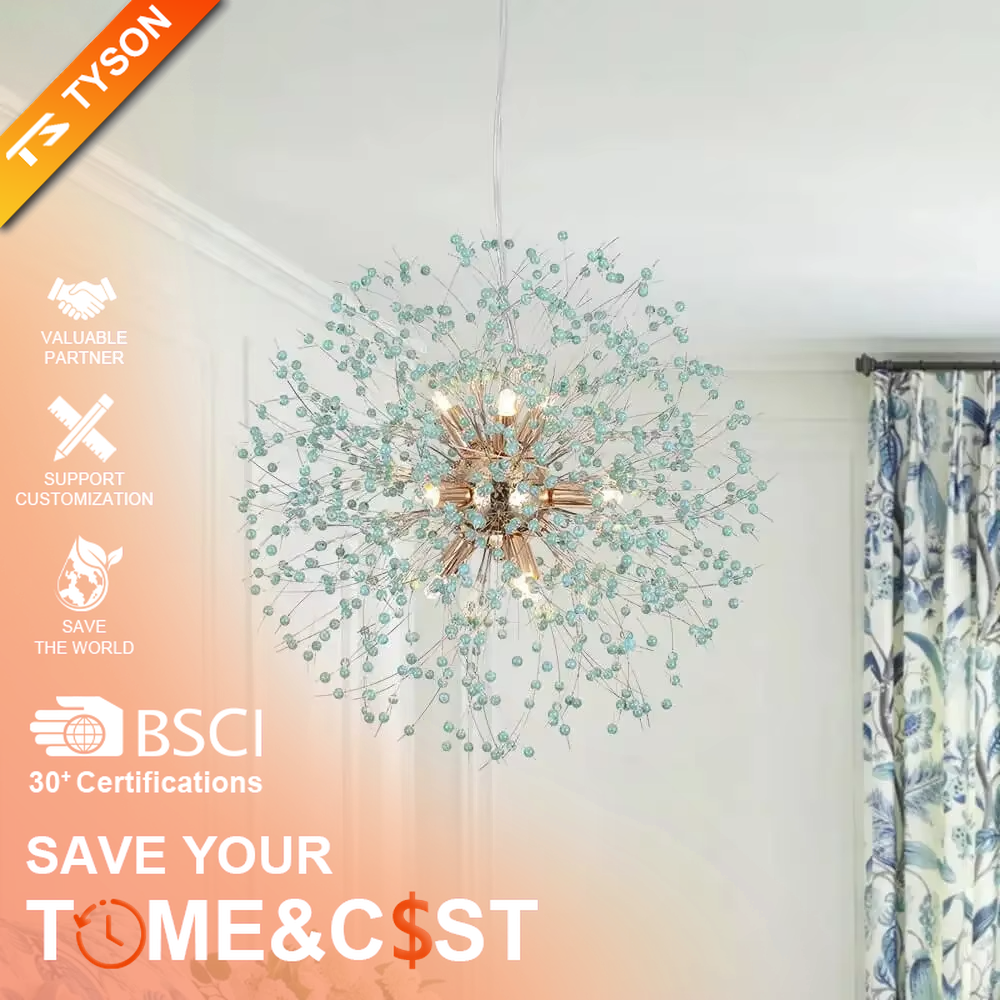 This is an artistic dandelion-shaped chandelier with blue-green crystal beads in a spherical divergent design and a golden central bracket, featuring a fresh and artistic sense. It is used for space lighting and decoration, creating a fresh and luxurious atmosphere. It is suitable for Nordic-style home living rooms, art foyers, luxury restaurants and other places.