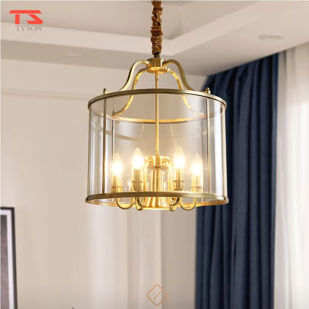 Light luxury golden metal frame glass cover candelabra chandelier, golden metal frame + transparent glass outer cover + candle-shaped bulbs, soft warm light, creating a vintage light luxury bedroom atmosphere.