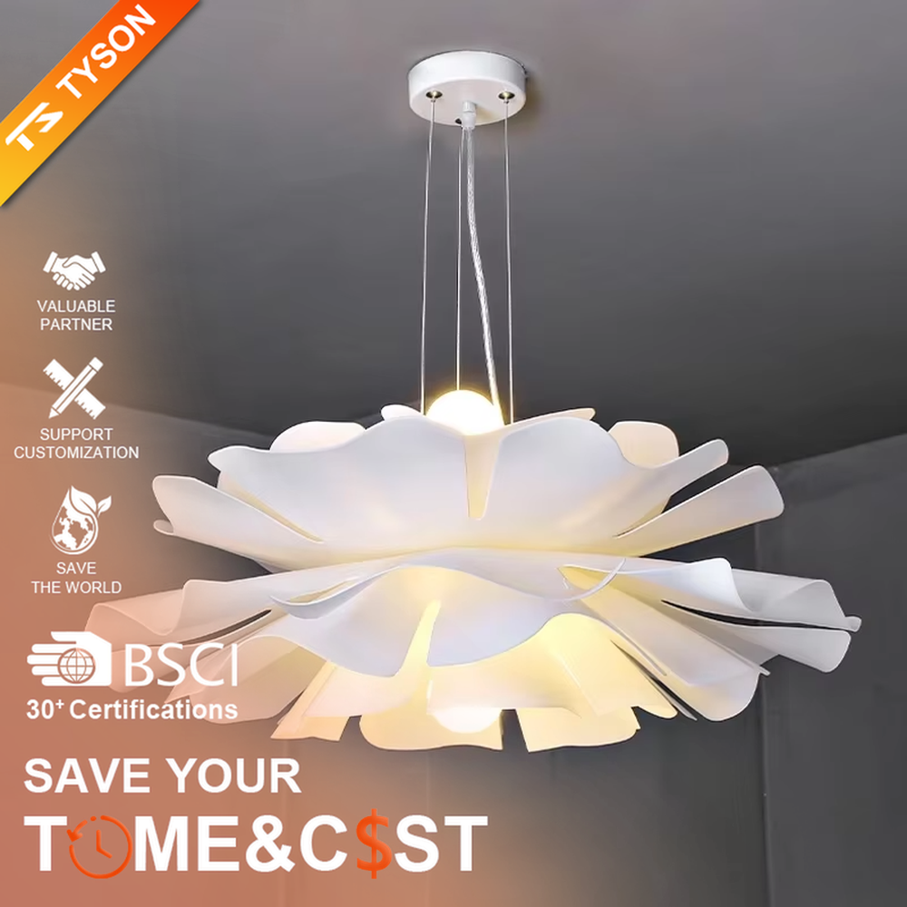 Modern minimalist petal-shaped chandelier, multi-layer petal splicing design with white PET material, adjustable shape, soft and even light, designed to enhance the romantic and fresh atmosphere of spaces, suitable for dining rooms, bedrooms, living rooms, Nordic-style homes and commercial spaces