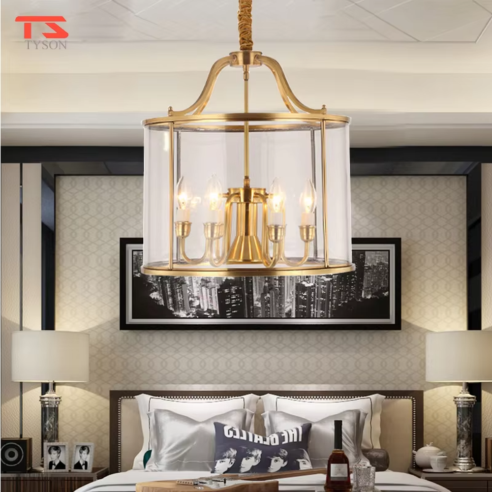 Light luxury golden metal frame glass cover candelabra chandelier, golden metal frame + transparent glass outer cover + candle-shaped bulbs, soft warm light, creating a vintage light luxury bedroom atmosphere.