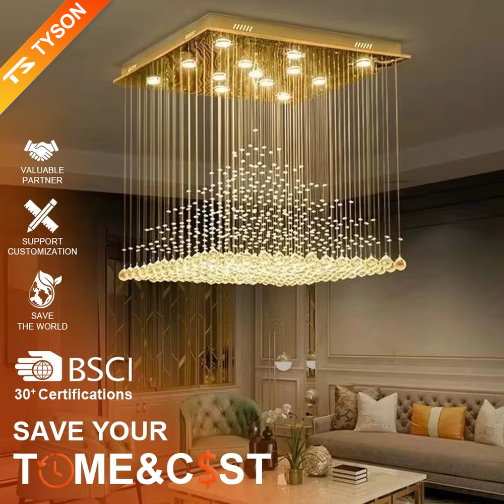 This is a luxury square crystal ceiling light, with a square metal frame and multi-layer transparent crystal pendants, brilliant lighting, featuring a magnificent and grand design with strong visual impact. It is used for space lighting and decoration, creating a high-end luxury atmosphere. It is suitable for high-ceilinged living rooms, luxury villas, high-end hotel lobbies and other places.