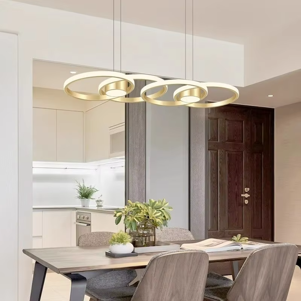 This is a modern minimalist multi-layer ring suspended chandelier, with black frames paired with white light sources, a staggered multi-layer ring shape, soft and even lighting, creating a minimalist high-end space atmosphere.