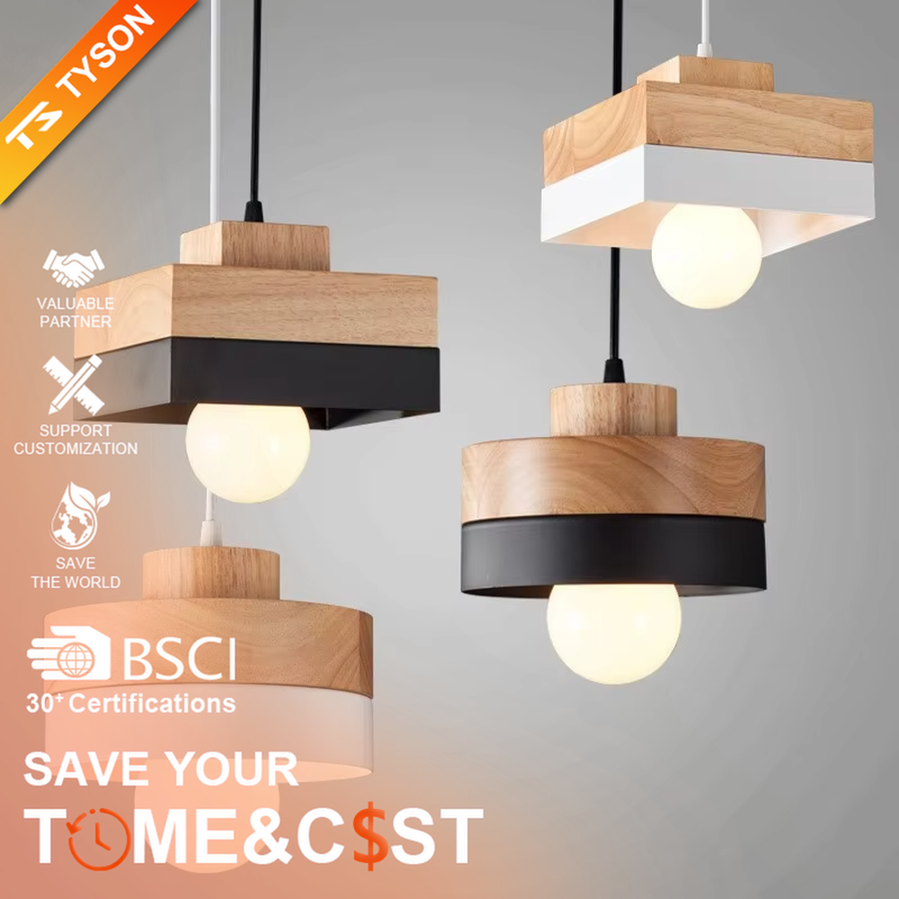 Log white ring minimalist chandelier (log + white ring splicing frame + milk-white glass ball), warm light effect, creating a natural and fresh home atmosphere.