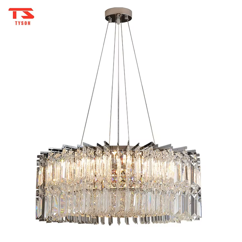 Luxury rectangular crystal chandelier (multi-faceted cut crystals + polished metal), warm light effect, creating a brilliant and high-end light luxury space atmosphere.