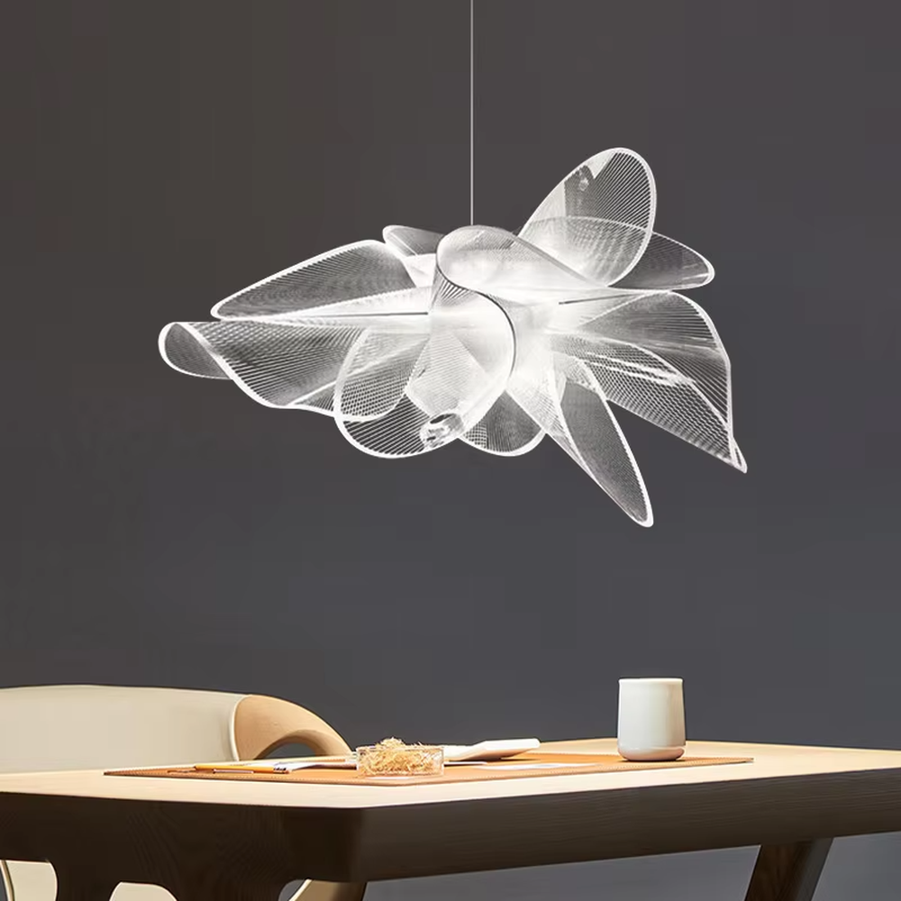 Modern art wing-shaped mesh transparent hanging lamp, minimalist stretched shape + transparent material, soft hazy light, creating a minimalist art atmosphere.