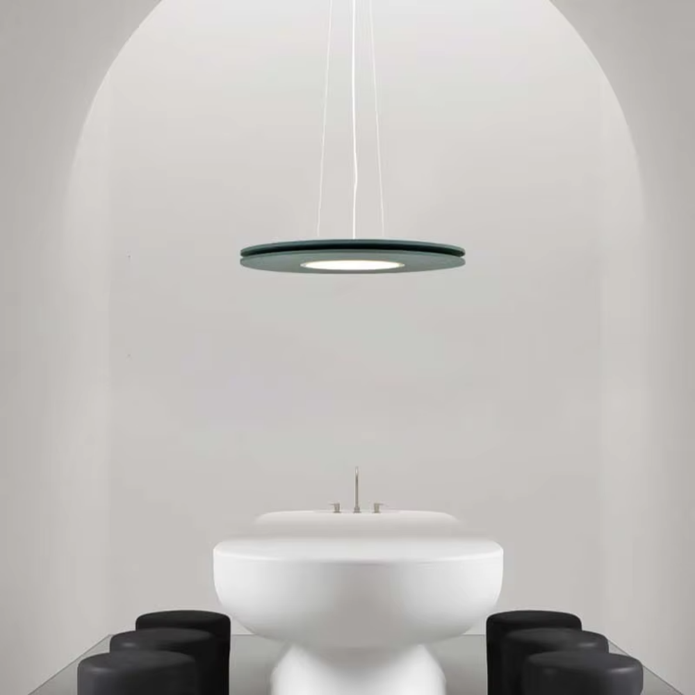This is a modern minimalist green circular chandelier, with a single-layer circular shape, featuring a minimalist and grand design, modern and fresh style. It is used for space lighting and decoration, creating a minimalist modern and fresh atmosphere. It is suitable for modern minimalist restaurants, Nordic-style home living rooms, art studios and other places.
