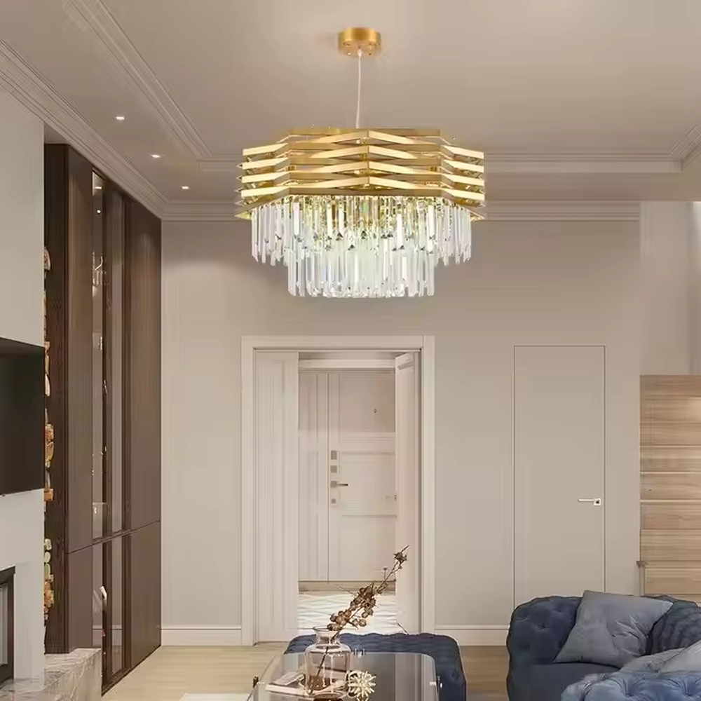 This is a light luxury modern-style golden geometric crystal chandelier, with a multi-layer golden geometric metal frame paired with numerous transparent crystal pendants. It features a grand and luxurious design with brilliant lighting. It is used for space lighting and decoration, creating a light luxury high-end atmosphere. Suitable for light luxury-style living rooms, high-end restaurants, luxury villas and other places.