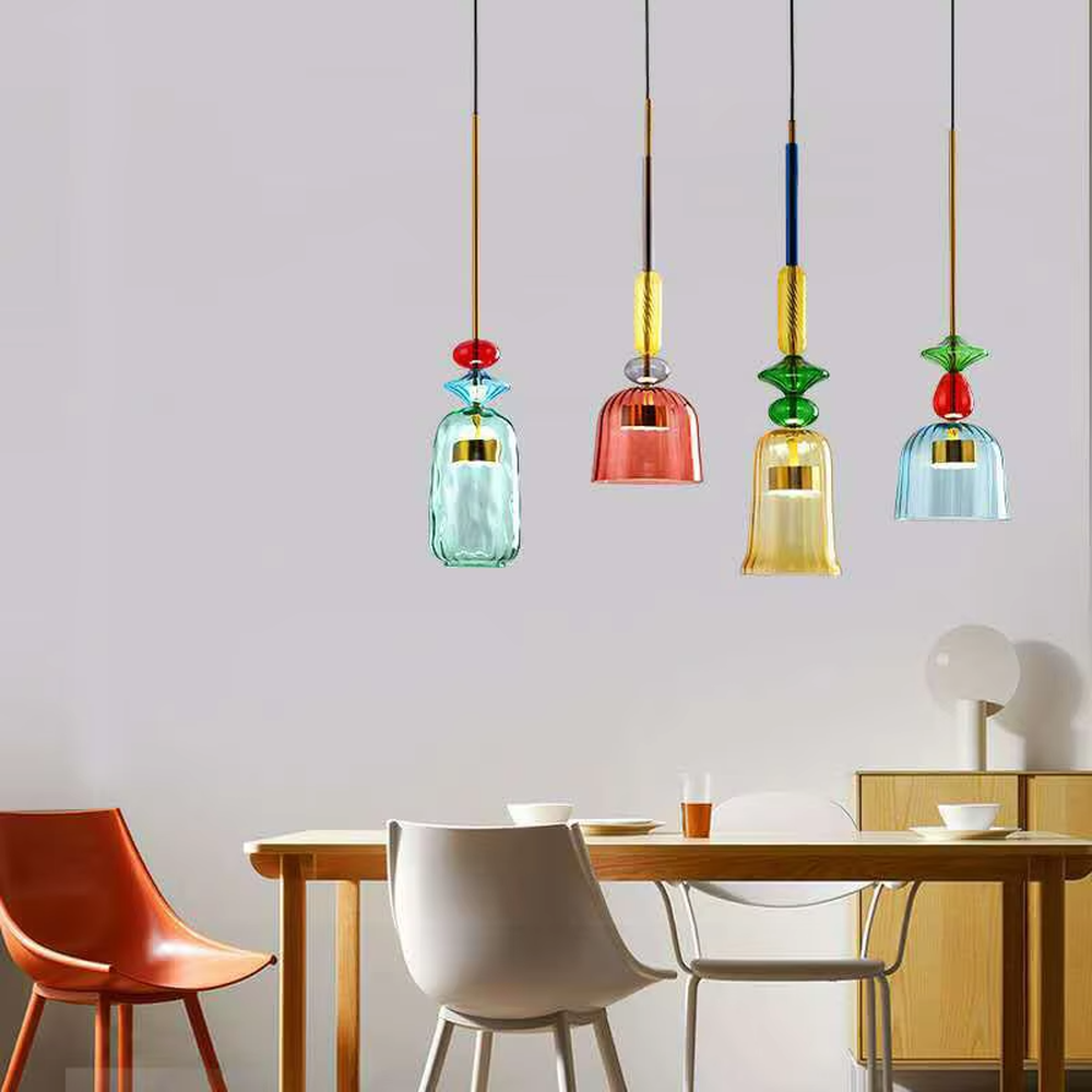 Retro colorful glass bell chandelier (multi-color combination), warm light effect, creating a lively and fresh artistic space atmosphere.