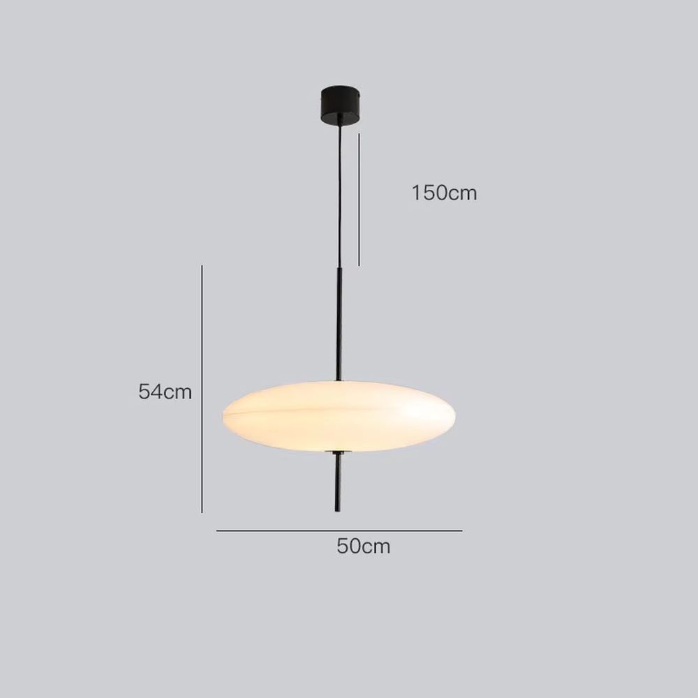 This modern minimalist flat round chandelier features a milky white frosted acrylic lampshade, paired with a thin black suspension rod, transmitting light softly. It serves both lighting and decorative purposes, ideal for modern minimalist spaces such as living rooms, bedrooms, and light luxury restaurants.