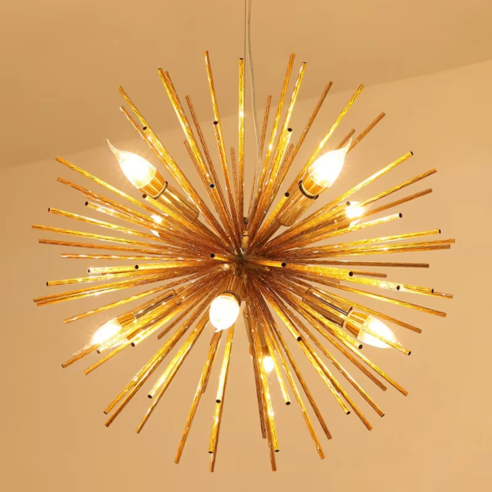 Light luxury golden firework radial-shaped hanging chandelier, radial metal strips + multi-bulb design, brilliant and vivid lighting, creating a vintage artistic atmosphere.