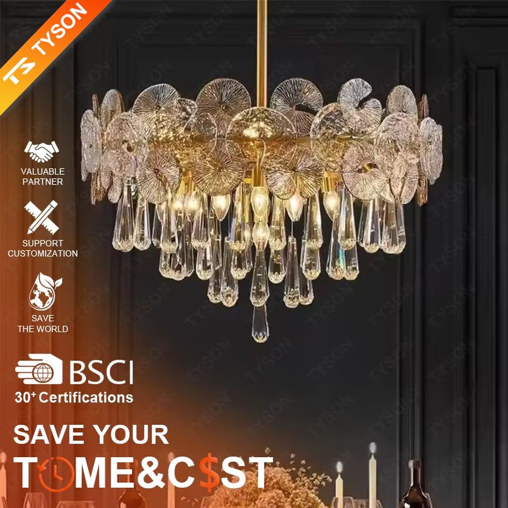 This is a light luxury and luxurious disc crystal chandelier, with a golden metal frame paired with multi-layer disc-shaped crystals and crystal pendants. It features an exquisite and grand design, with brilliant and soft lighting. It is used for space lighting and decoration, creating a light luxury and luxurious atmosphere. Suitable for light luxury-style dining rooms, luxury living rooms, high-end hotel banquet halls and other places.
