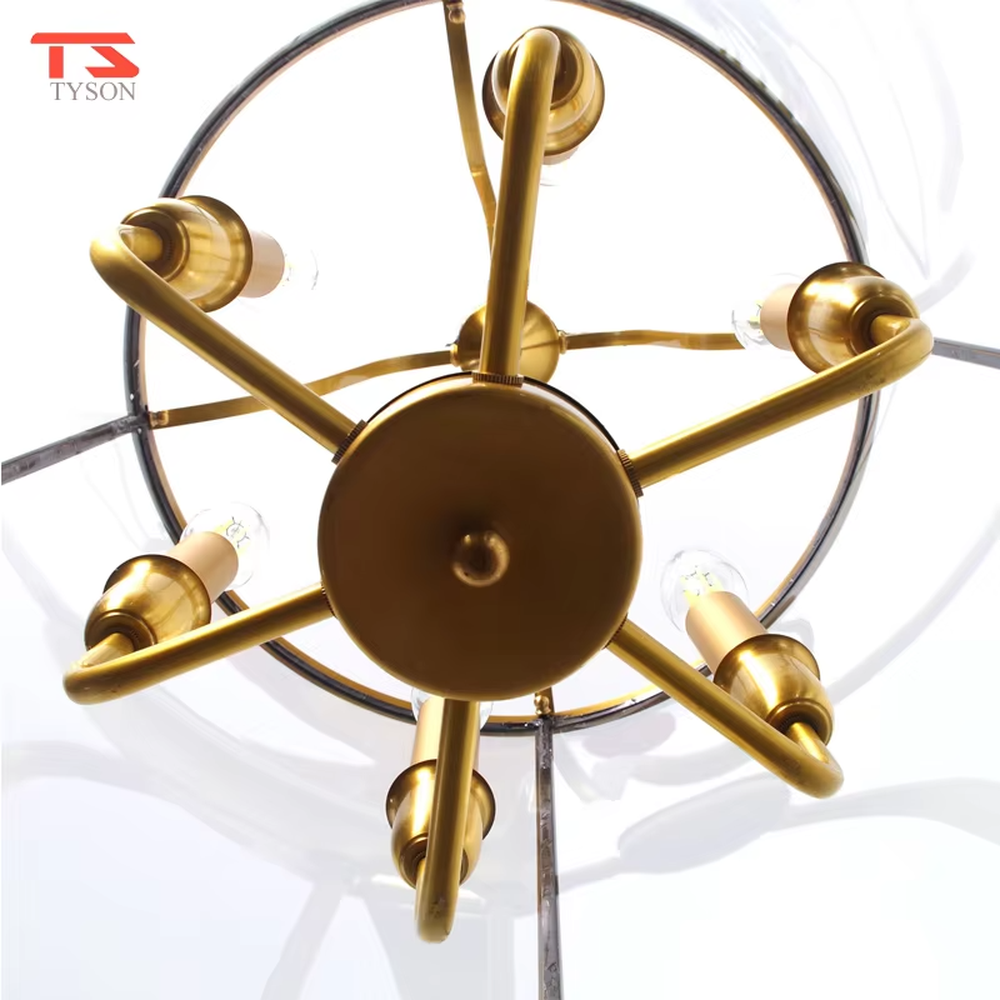 Light luxury golden metal cage-style glass cover candelabra chandelier, golden frame + transparent cylindrical glass cover + candle-shaped bulbs, soft warm light, creating a vintage light luxury atmosphere.