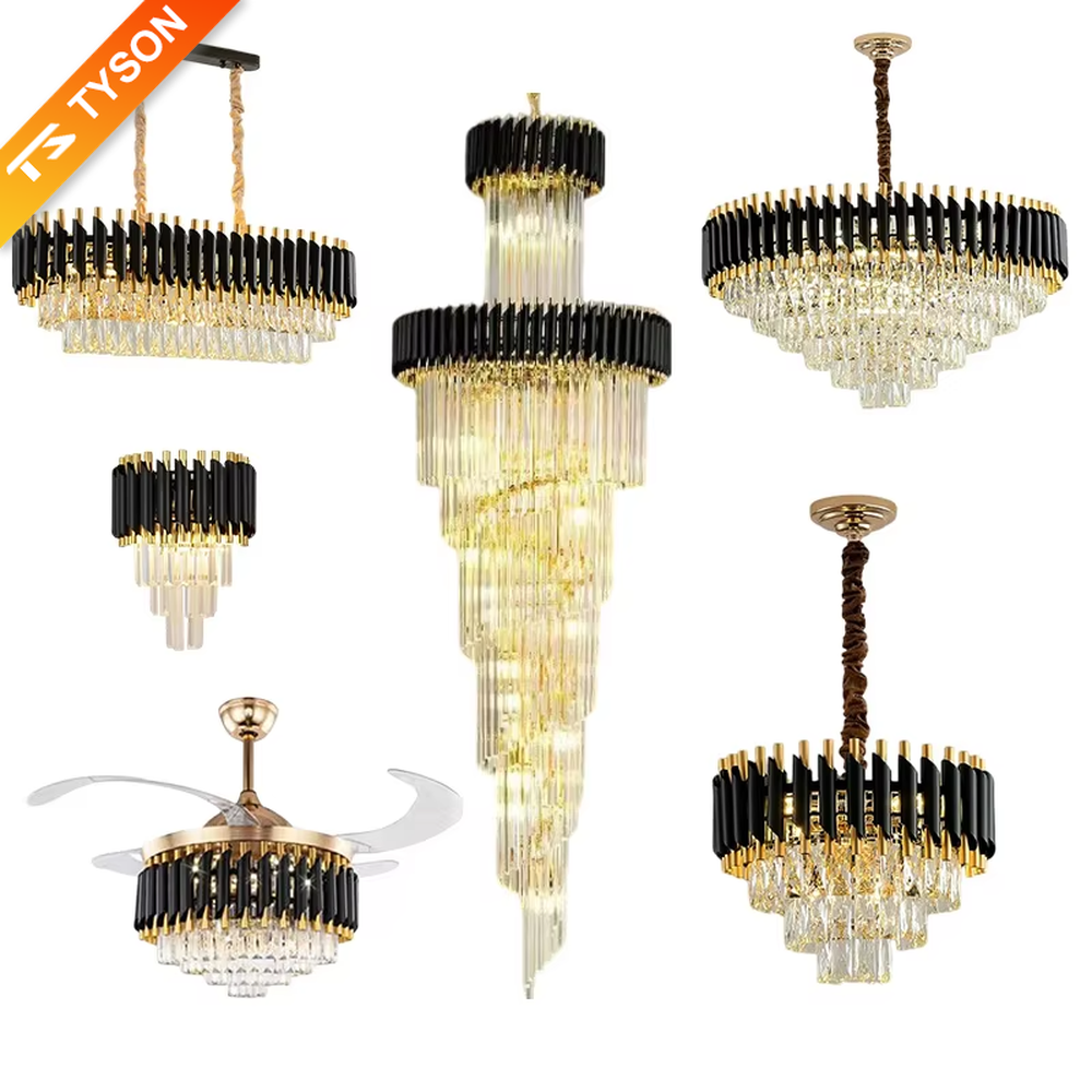 This is a luxury black-gold crystal chandelier, with black-gold metal columns and multi-layer transparent crystals, featuring a modern luxury design with brilliant and grand lighting. It is used for space lighting and decoration, creating a high-end luxury atmosphere. It is suitable for luxury-style home living rooms, high-end restaurants, luxury clubs and other places.