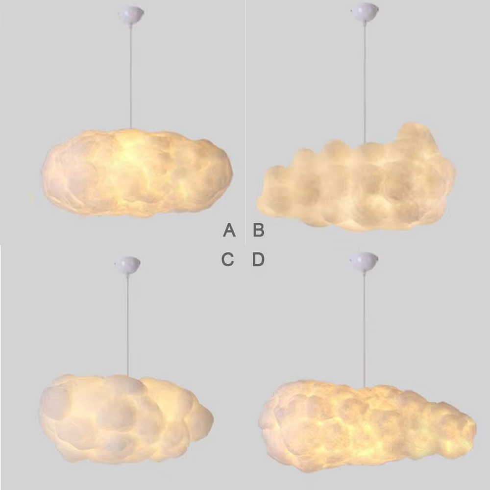 This dreamy cloud-shaped chandelier is made of fluffy fiber/fabric material, simulating the shape of real clouds, transmitting light softly and hung in varying sizes. It serves both lighting and decorative purposes, ideal for Internet celebrity restaurants, cafes, children's rooms, cultural and creative spaces and other scenarios.