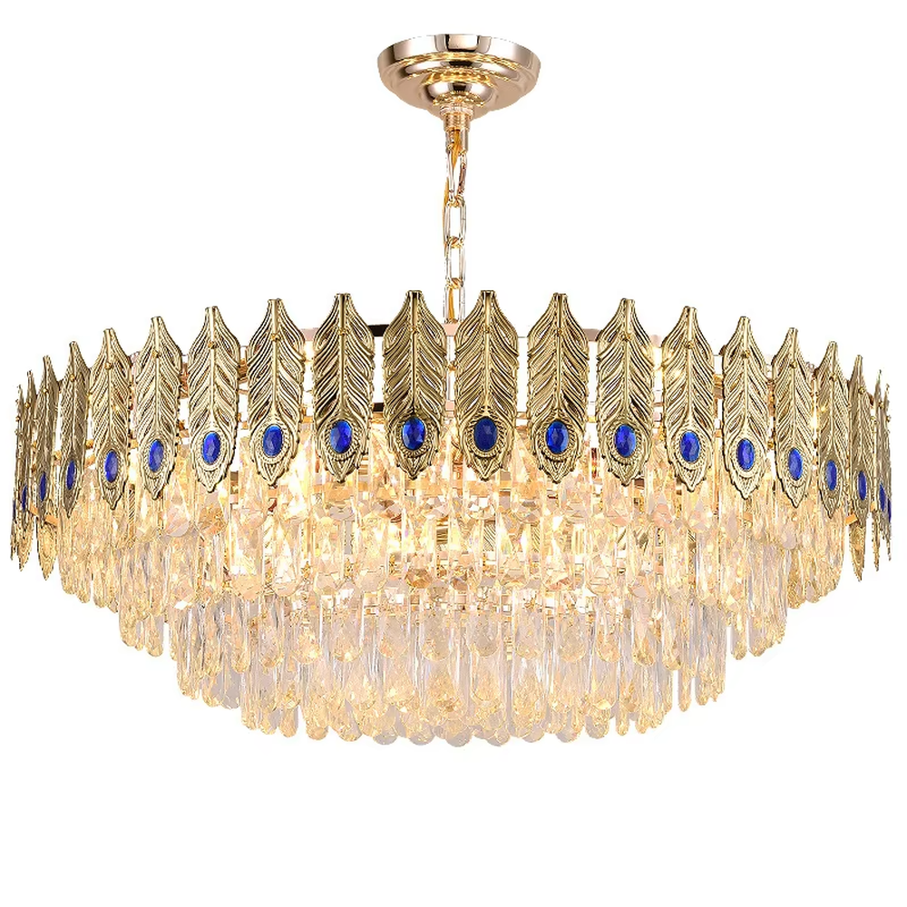 Luxurious peacock feather-shaped crystal chandelier, golden feather decorations + blue eye-like accents + crystal pendants, brilliant lighting, creating an elegant luxurious atmosphere.