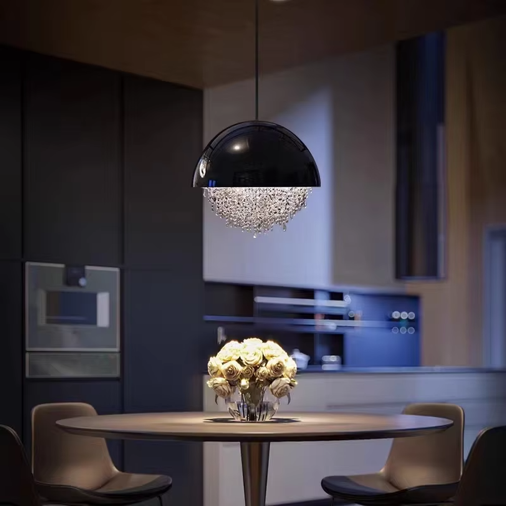 This modern light luxury hemispherical chandelier features a white metal upper cover, with dense crystal decorations along the lower edge like a falling waterfall. It serves both lighting and decorative purposes, ideal for dining rooms, living rooms, light luxury commercial spaces and other scenarios.
