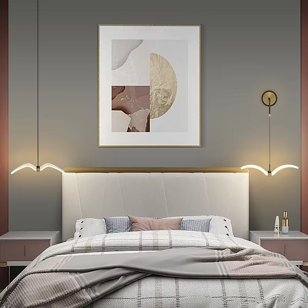 Modern artistic wave-shaped multi-line hanging chandelier, white light strip + black-silver connector, soft and warm lighting, creating a minimalist artistic atmosphere.