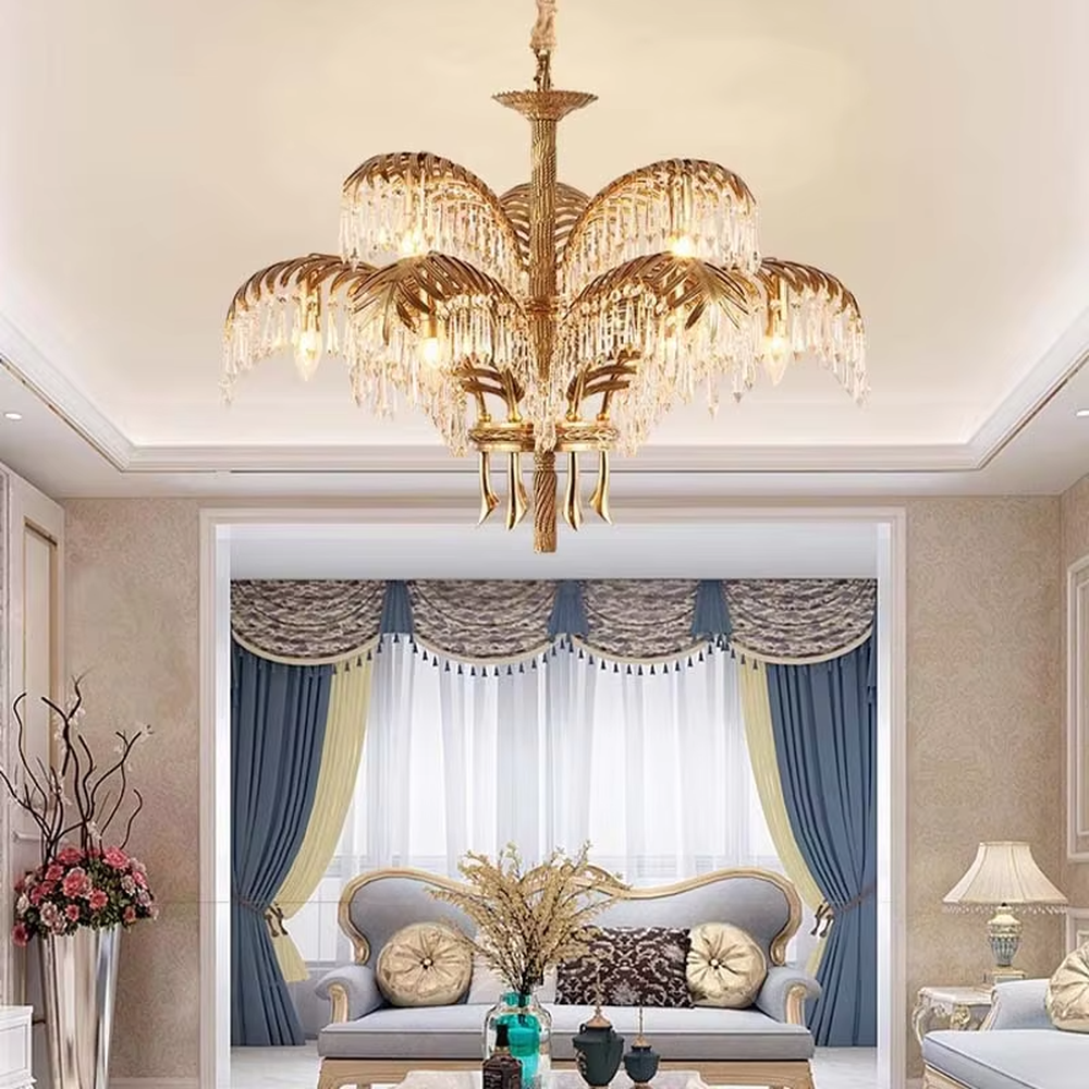 This is a luxurious tropical-style golden palm leaf crystal chandelier, with a golden metal palm leaf structure and numerous crystal pendants, featuring strong luxury and tropical artistic sense, brilliant lighting. It is used for space lighting and decoration, creating a high-end luxurious tropical atmosphere. Suitable for luxury villa living rooms, tropical-themed restaurants, high-end hotel lobbies and other places.
