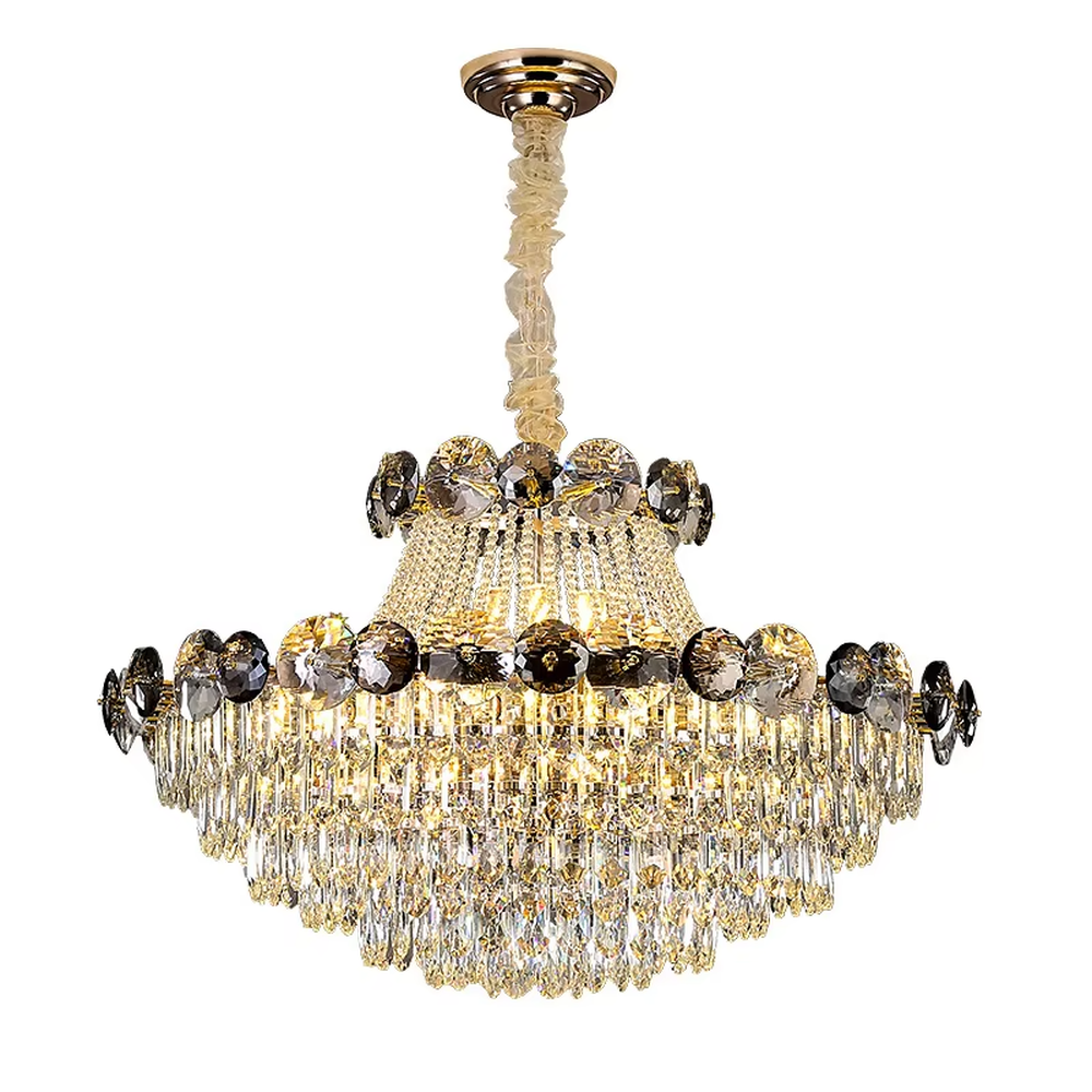 This is a luxurious classical multi-layer crystal chandelier, combining transparent and smoky gray crystals with a multi-layer hanging design. It features brilliant lighting and grand luxury. It is used for space lighting and decoration, creating a luxurious and noble atmosphere. Suitable for luxury living rooms, high-end hotel lobbies, villa banquet halls and other places.