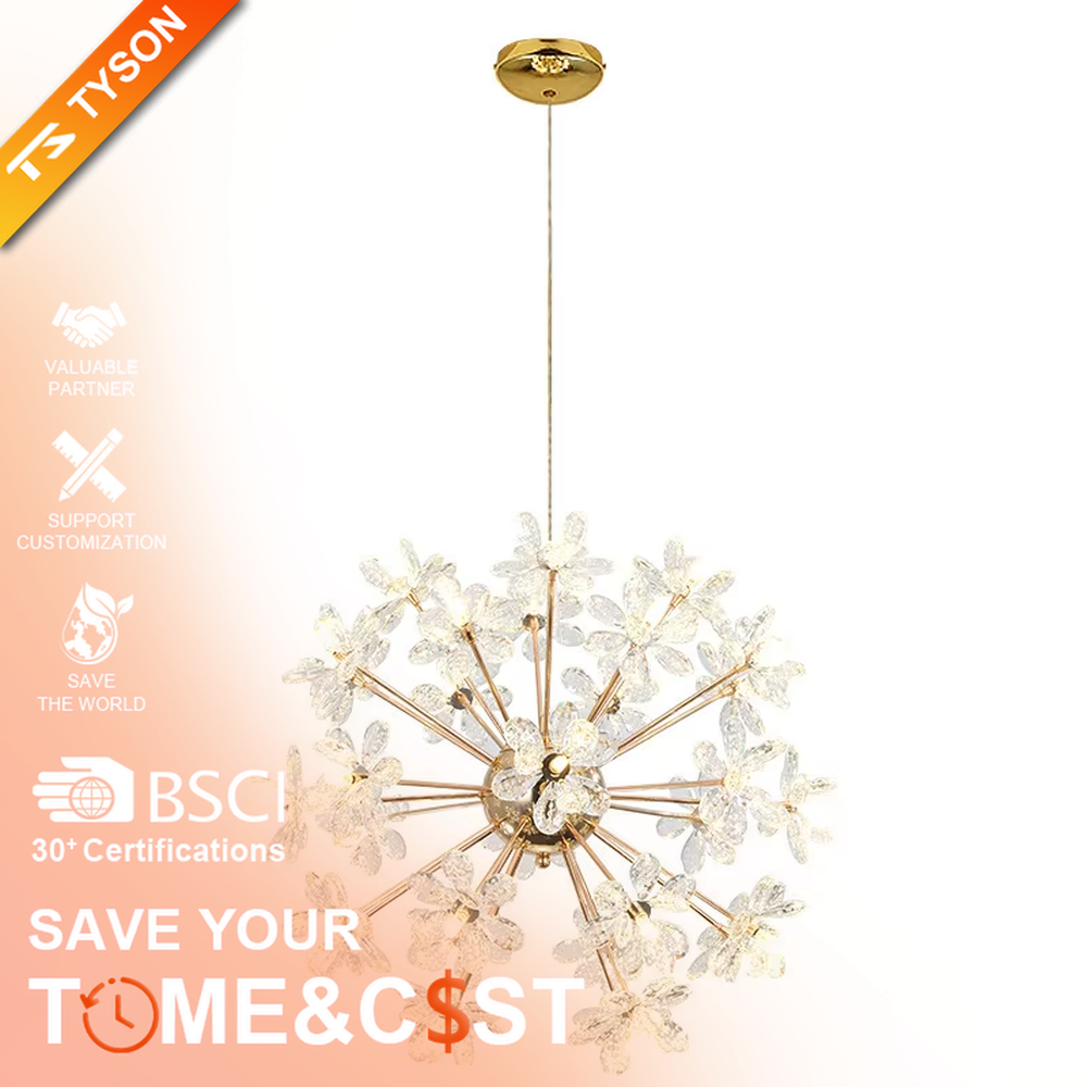 Art dandelion crystal chandelier (crystal petals + radial frame), warm light effect, creating a dreamy and luxurious space atmosphere.