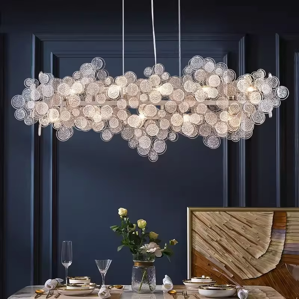 Modern art light luxury bubble cluster textured disk long chandelier, translucent textured disks + warm light effect, creating a flexible artistic light luxury atmosphere.